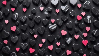 The primary subject of the image is a collection of black and pink hearts arranged on a black background. The hearts are made of marble and are placed in various positions, creating a visually appealing pattern. The setting is a black surface, which contrasts with the vibrant colors of the hearts. The visual style of the image is a combination of artistic and digital elements, resulting in a unique and eye-catching design. The overall atmosphere of the image is one of creativity and elegance, with the black and p