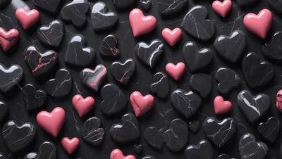 The primary subject of the image is a collection of pink and black heart-shaped stones. The setting is a black background, and the visual style appears to be a close-up of the heart-shaped stones. The colors and mood of the image are predominantly pink and black, creating a visually striking and unique display.