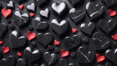 The primary subject of the image is a collection of black and red hearts. The hearts are arranged in various positions, creating a visually appealing pattern. The setting is a black background, which contrasts with the red hearts, making them stand out. The visual style is a combination of digital art and illustration, as the hearts are carefully placed and arranged to create a cohesive design. The colors and mood of the image are predominantly black and red, giving it a bold and striking appearance.