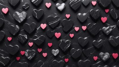 The primary subject of the image is a collection of black and pink hearts arranged on a black background. The hearts are made of marble and are placed in various positions, creating a visually appealing pattern. The setting is a black surface, which contrasts with the vibrant colors of the hearts. The visual style of the image is a combination of artistic and digital elements, resulting in a unique and eye-catching design. The overall atmosphere of the image is one of creativity and elegance, with the black and p