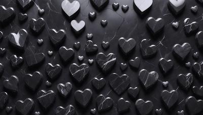 The primary subject of the image is a collection of black hearts arranged on a black background. The hearts are arranged in various patterns, creating a visually striking and unique design. The setting is a black marble surface, which adds to the overall mood and visual style of the image. The dominant colors are black and white, with the black hearts being the main focus of the image.