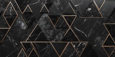 The primary subject of the image is a black and gold marble wall with a pattern of triangles. The setting is a dark room, and the visual style is a combination of a photo and digital art. The dominant colors are black and gold, creating a luxurious and elegant atmosphere.