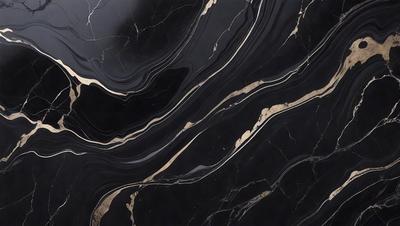 The primary subject of the image is a marble countertop with a black and gold pattern. The setting is a kitchen, and the visual style is a close-up of the countertop. The dominant colors are black and gold, creating a luxurious and elegant atmosphere.