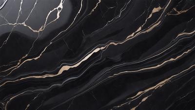 The primary subject of the image is a black marble countertop with a gold pattern. The setting is a kitchen, and the visual style is a close-up of the marble countertop. The dominant colors are black and gold, creating a luxurious and elegant atmosphere.