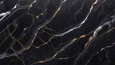 The primary subject of the image is a marble countertop with a black and gold pattern. The setting is a kitchen, and the visual style is a close-up of the countertop. The dominant colors are black and gold, creating a luxurious and elegant atmosphere.