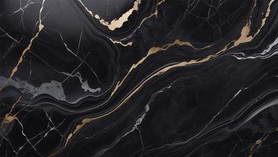 The primary subject of the image is a black and gold marble countertop. The setting is a kitchen, with the countertop being the main focus of the scene. The visual style is a close-up of the marble countertop, showcasing its intricate patterns and textures. The dominant colors are black and gold, creating a luxurious and elegant atmosphere.