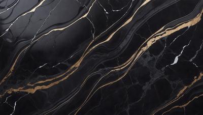 The primary subject of the image is a marble countertop with a gold-colored design. The setting is a kitchen, and the visual style is a close-up of the marble countertop. The colors and mood of the image are predominantly black and gold, giving it a luxurious and elegant appearance.