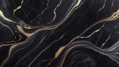 The primary subject of the image is a marble countertop with a gold and black pattern. The setting is a kitchen, and the visual style is a close-up of the countertop. The dominant colors are gold and black, creating a luxurious and elegant atmosphere.