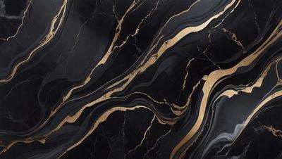 The primary subject of the image is a marble countertop with a gold and black pattern. The setting is a kitchen, and the visual style is a close-up of the countertop. The dominant colors are gold and black, creating a luxurious and elegant atmosphere.