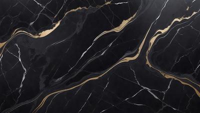 The primary subject of the image is a black and gold marble countertop. The setting is a kitchen, with the countertop being the main focus of the scene. The visual style is a close-up of the marble countertop, showcasing its intricate patterns and textures. The dominant colors are black and gold, creating a luxurious and elegant atmosphere.