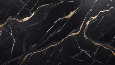 The primary subject of the image is a black and gold marble countertop. The setting is a kitchen, with the countertop being the main focus of the scene. The visual style is a close-up of the marble countertop, showcasing its intricate patterns and textures. The dominant colors are black and gold, creating a luxurious and elegant atmosphere.