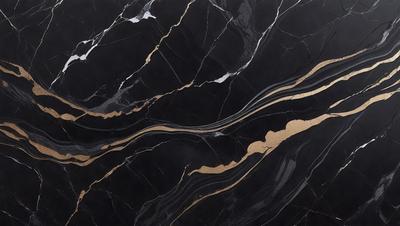 The primary subject of the image is a marble countertop with a gold-colored design. The setting is a kitchen, and the visual style is a close-up of the countertop. The colors and mood of the image are predominantly black and gold, giving it a luxurious and elegant appearance.