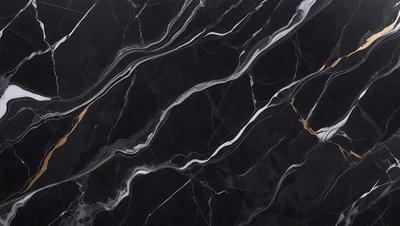 The primary subject of the image is a marble countertop with a black and white pattern. The setting is a kitchen, and the visual style is a close-up of the countertop. The colors and mood of the image are predominantly black and white, giving it a classic and elegant appearance.