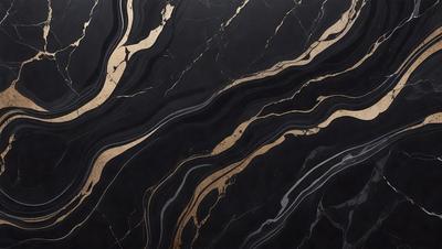 The primary subject of the image is a marble countertop with a gold-colored pattern. The setting is a kitchen, and the visual style is a close-up of the countertop. The colors and mood of the image are predominantly black and gold, giving it a luxurious and elegant appearance.