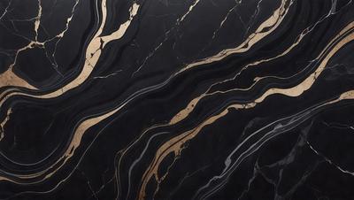 The primary subject of the image is a marble countertop with a gold-colored pattern. The setting is a kitchen, and the visual style is a close-up of the countertop. The colors and mood of the image are predominantly black and gold, giving it a luxurious and elegant appearance.