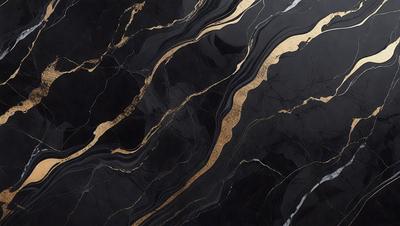 The primary subject of the image is a marble countertop with a gold and black pattern. The setting is a kitchen, and the visual style is a close-up of the countertop. The dominant colors are gold and black, creating a luxurious and elegant atmosphere.