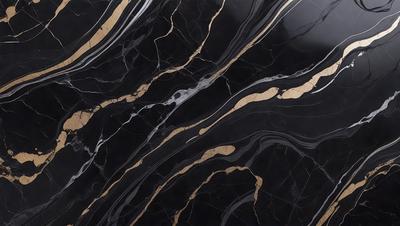 The primary subject of the image is a marble countertop with a gold-colored design. The setting is a kitchen, and the visual style is a close-up of the marble countertop. The colors and mood of the image are predominantly black and gold, giving it a luxurious and elegant appearance.