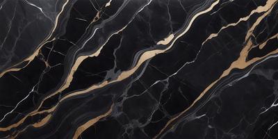 The primary subject of the image is a marble countertop with a gold stripe. The setting is a kitchen, and the visual style is a close-up of the marble countertop. The dominant colors are black and gold, creating a luxurious and elegant atmosphere.