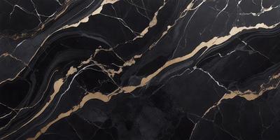 The primary subject of the image is a black and gold marble pattern. The setting is a black marble countertop, and the visual style is a close-up of the marble pattern. The colors and mood of the image are dark and luxurious, with the gold accents adding a touch of warmth to the overall atmosphere.