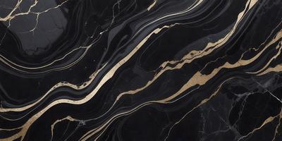 The primary subject of the image is a black and gold marble countertop. The setting is a kitchen, with the countertop being the main focus of the scene. The visual style is a close-up of the marble countertop, showcasing its intricate patterns and textures. The dominant colors are black and gold, creating a luxurious and elegant atmosphere.