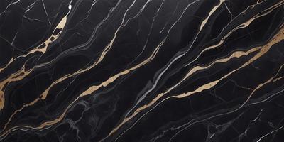 The primary subject of the image is a black and gold marble countertop. The setting is a kitchen, with the countertop being the main focus of the scene. The visual style is a close-up of the marble countertop, showcasing its intricate patterns and textures. The dominant colors are black and gold, creating a luxurious and elegant atmosphere.