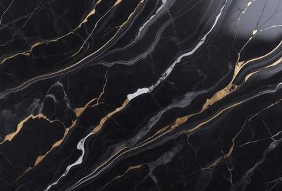 The primary subject of the image is a marble countertop with a gold and black pattern. The setting is a kitchen, and the visual style is a close-up of the marble countertop. The dominant colors are gold and black, creating a luxurious and elegant atmosphere.