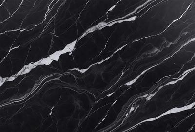 The primary subject of the image is a marble countertop with a black and white pattern. The setting is a kitchen, and the visual style is a close-up of the marble countertop. The colors and mood of the image are predominantly black and white, giving it a classic and elegant appearance.