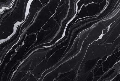 The primary subject of the image is a black and white marble pattern. The setting is a black and white marble surface, which serves as the background. The visual style is a close-up of the marble pattern, showcasing its intricate details. The colors and mood of the image are predominantly black and white, giving it a classic and elegant appearance.