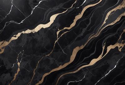 The primary subject of the image is a marble countertop with a gold and black pattern. The setting is a kitchen, and the visual style is a close-up of the countertop. The dominant colors are gold and black, creating a luxurious and elegant atmosphere.