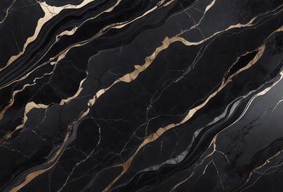 The primary subject of the image is a black and gold marble pattern. The setting is a black and gold marble wall, which serves as the background. The visual style is a close-up of the marble pattern, showcasing the intricate details of the design. The colors and mood of the image are predominantly black and gold, creating a luxurious and elegant atmosphere.