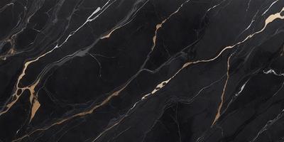 The primary subject of the image is a marble countertop with a black and gold pattern. The setting is a kitchen, and the visual style is a close-up of the countertop. The dominant colors are black and gold, creating a luxurious and elegant atmosphere.