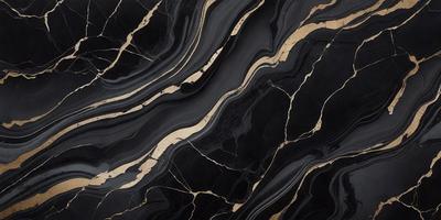 The primary subject of the image is a black and gold marble pattern. The setting is a black and gold marble surface, which serves as the background. The visual style is a close-up of the marble pattern, showcasing the intricate details of the design. The colors and mood of the image are predominantly black and gold, creating a luxurious and elegant atmosphere.