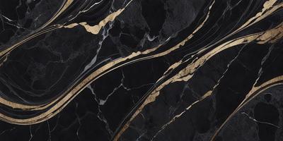 The primary subject of the image is a black and gold marble pattern. The setting is a black background, and the visual style appears to be a digital art or illustration. The dominant colors are black and gold, creating a luxurious and elegant atmosphere.