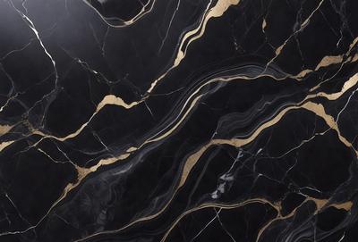 The primary subject of the image is a marble countertop with a gold and black pattern. The setting is a kitchen, and the visual style is a close-up of the marble countertop. The dominant colors are gold and black, creating a luxurious and elegant atmosphere.