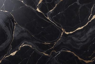 The primary subject of the image is a close-up of a marble countertop with a black and gold pattern. The setting is a kitchen, and the visual style is a photo. The dominant colors are black and gold, creating a luxurious and elegant atmosphere.