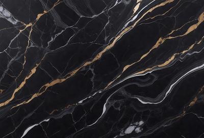 The primary subject of the image is a black and gold marble pattern. The setting is a black background, and the visual style appears to be a combination of a photo and digital art. The dominant colors are black and gold, creating a luxurious and elegant atmosphere.