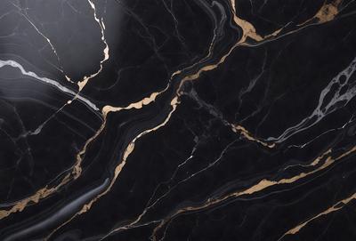 The primary subject of the image is a marble countertop with a black and gold pattern. The setting is a kitchen, and the visual style is a close-up of the marble countertop. The dominant colors are black and gold, creating a luxurious and elegant atmosphere.