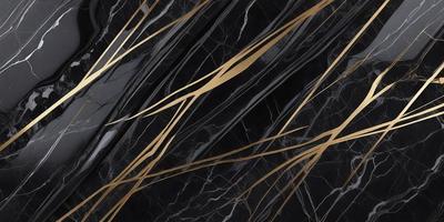 The primary subject of the image is a black and gold marble wall. The setting is a dark room, and the visual style is a close-up of the marble wall. The colors and mood of the image are dark and dramatic, with the gold accents adding a touch of luxury and sophistication.