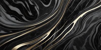 The primary subject of the image is a black and gold marble pattern. The setting is a black background, and the visual style appears to be a combination of a photo and digital art. The dominant colors are black and gold, creating a sophisticated and elegant atmosphere.