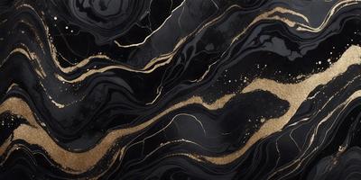 The primary subject of the image is a black and gold marble-like surface. The setting is a dark room, and the visual style appears to be a combination of a photo and digital art. The dominant colors are black and gold, creating a luxurious and elegant atmosphere.