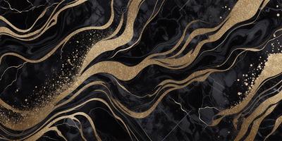 The primary subject of the image is a black and gold marble pattern. The setting is a black marble surface, and the visual style appears to be a combination of a photo and digital art. The dominant colors are black and gold, creating a luxurious and elegant atmosphere.