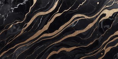 The primary subject of the image is a black and gold marble pattern. The setting is a black background, and the visual style appears to be a combination of a photo and digital art. The dominant colors are black and gold, creating a luxurious and elegant atmosphere.