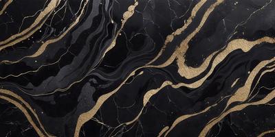 The primary subject of the image is a black and gold marble pattern. The setting is a black background, and the visual style appears to be a combination of a photo and digital art. The dominant colors are black and gold, creating a luxurious and elegant atmosphere.