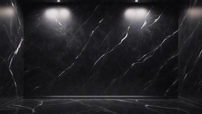 The primary subject of the image is a black marble wall with a pattern of white stripes. The setting is a dark room, and the visual style appears to be a photo. The dominant colors are black and white, creating a moody atmosphere.