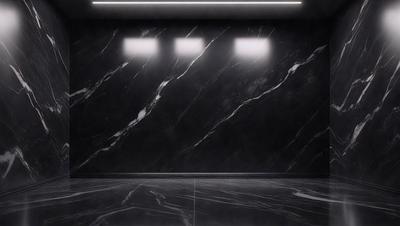 The primary subject of the image is a black marble wall with a pattern of white stripes. The setting is a room with a black floor, and the visual style is a black and white photo. The dominant colors are black and white, creating a moody and dramatic atmosphere.