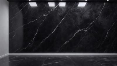 The primary subject of the image is a black marble wall. The setting is a room with a black floor, and the visual style is a photo. The black marble wall and floor create a dark and moody atmosphere.