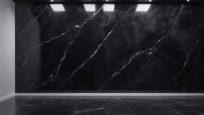 The primary subject of the image is a black marble wall. The setting is a room with a black floor, and the visual style is a photo. The black marble wall and floor create a dark and moody atmosphere.