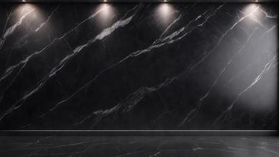 The primary subject of the image is a black marble wall with a patterned design. The setting is a room with a black floor, and the visual style appears to be a photo. The dominant colors are black and grey, creating a dark and moody atmosphere.