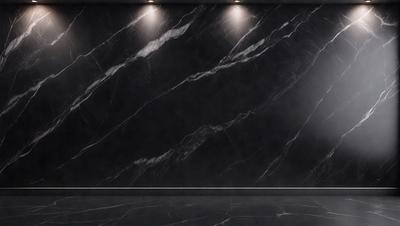 The primary subject of the image is a black marble wall with a patterned design. The setting is a room with a black floor, and the visual style appears to be a photo. The dominant colors are black and grey, creating a dark and moody atmosphere.