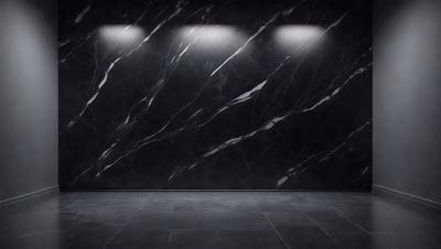 The primary subject of the image is a black marble wall with a patterned design. The setting is a room with a black floor, and the visual style is a photo. The dominant colors are black and white, creating a moody atmosphere.